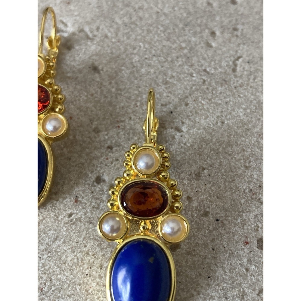 Gold Tone Cobalt Blue Dangle Earrings Cabochon Red Faux Pearl Leverback - Picture 5 of 6